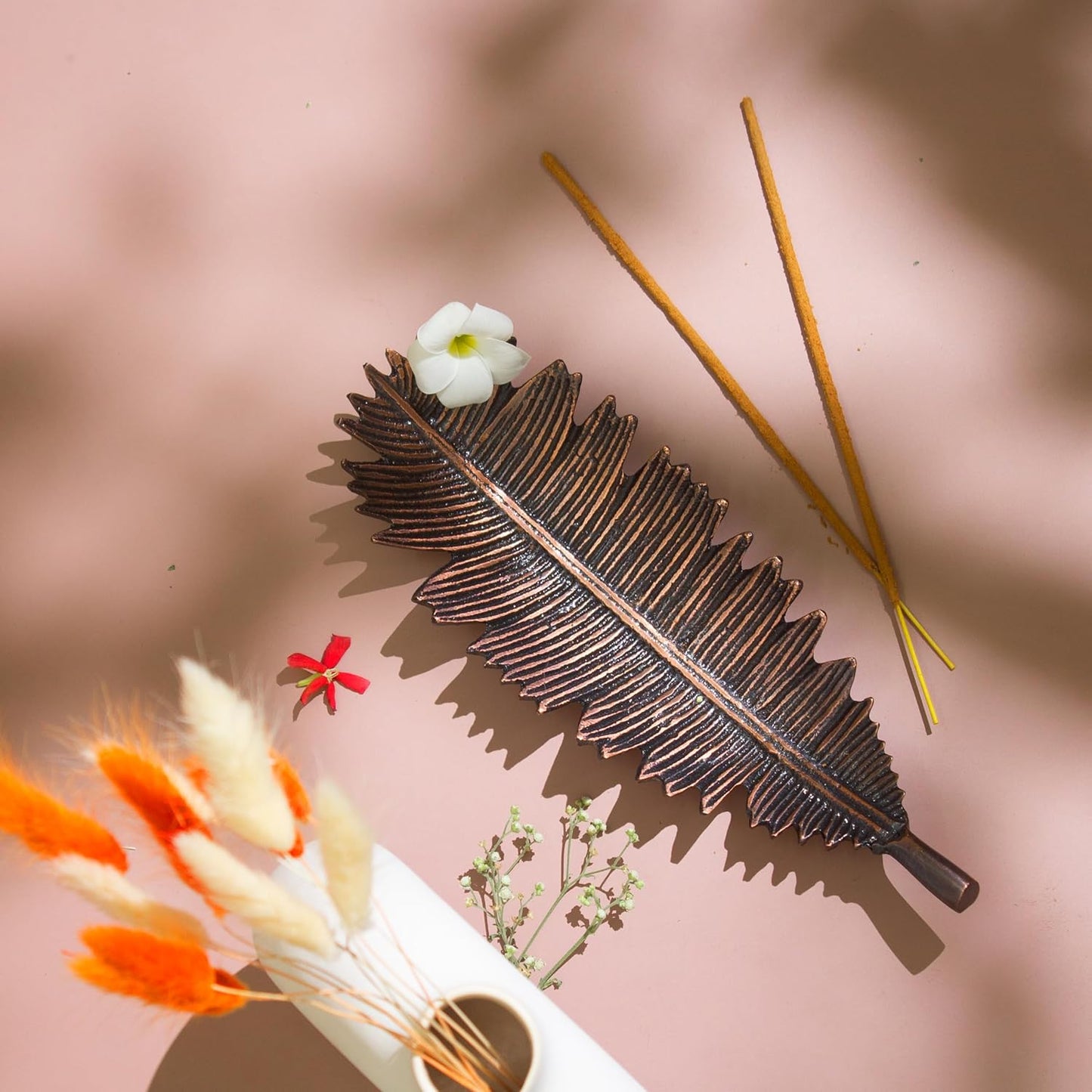 Raajsee Incense Holder Set With Nag Champa Sticks 15gm, Leaf Stick Burner, Brass Burner, Modern Holder for Yoga, Meditation, Home Decor - Size 10x4 Inches Copper