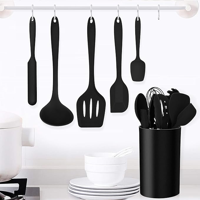 LIANYU 14 Pcs Cooking Utensils Set with Holder, Heat Resistant Silicone Kitchen Cookware Utensils Set, Kitchen Cooking Tools Includes Spatula Spoon Turner Whisk Tong, Dishwasher safe, Black