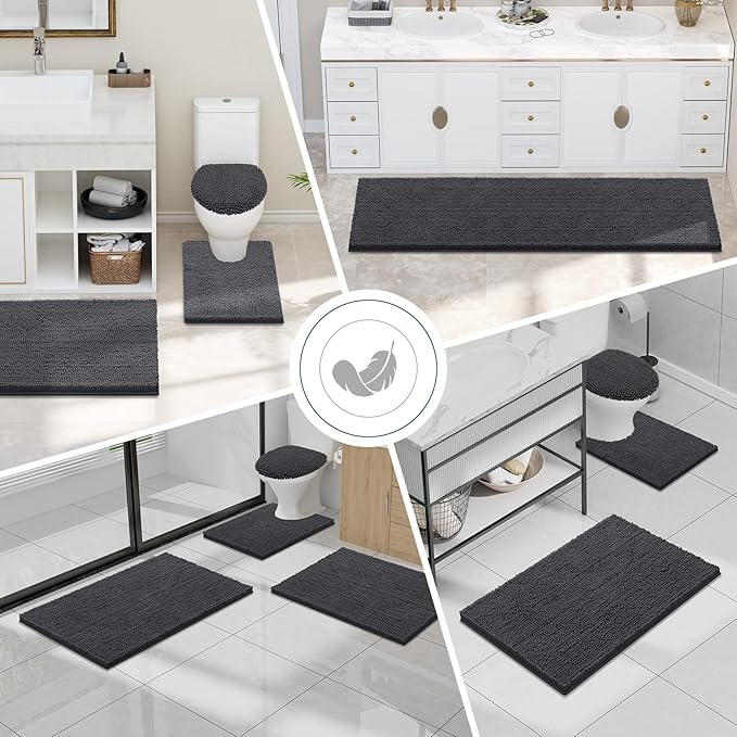 Smiry Luxury Chenille Bathroom Rugs 34x21, Extra Soft and Absorbent Shaggy Bath Mat, Machine Washable, Non-Slip Plush Carpet Runner for Tub, Shower, and Floor, Home Decor Accessories, Charcoal Grey