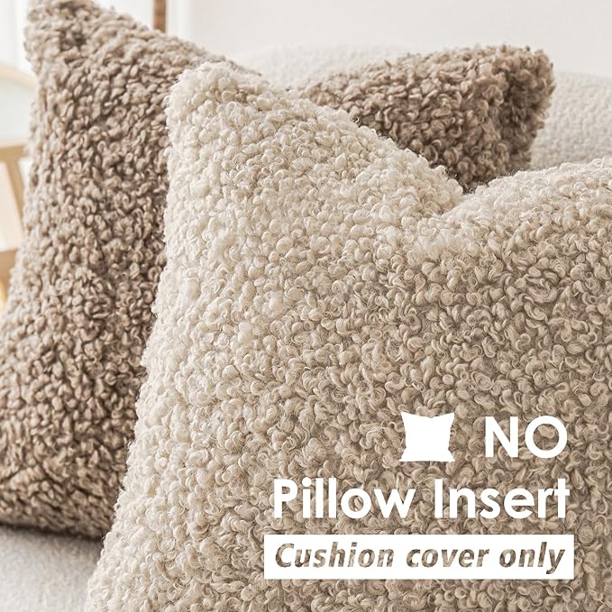 Foindtower Set of 2 Curly Teddy Wool Pillow Covers Decorative Boucle Textured Lumbar Throw Pillow Faux Fur Pillowcases Sheepskin Cushion Case for Sofa Bedroom Car 12"x20" Light Khaki