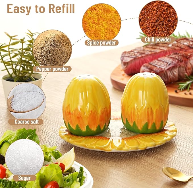 Salt and Pepper Shakers Set,Ceramic Cute Salt Pepper Shaker with Tray,Farmhouse Kitchen Gadget Decor, Sunflower Spice Salt Shaker for Home Restaurants, Cooking Table, Camp, BBQ, Refillable