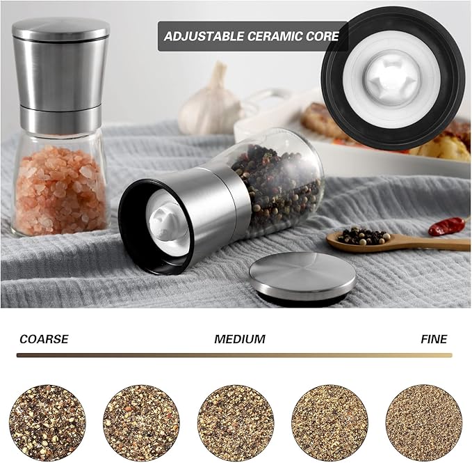 VEVOK CHEF Salt and Pepper Grinder Set Stainless Steel Adjustable Coarseness Ceramic Pepper Mill Salt Crusher with Silicone Tray Salt and Pepper Shaker Spice Grinder Kitchen