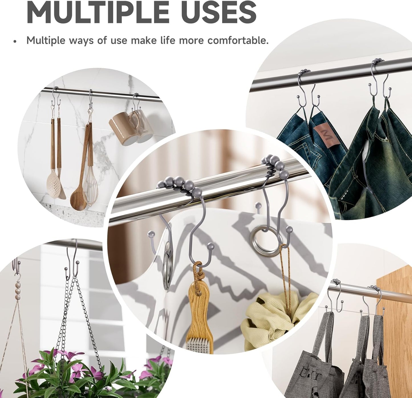 Shower Curtain Hooks, Shower Curtain Rings Rust Proof Double Hook Shower Curtain Hooks, 12 Pcs Grey Shower Hooks for Shower Curtain, Shower Rings for Curtain, Metal Shower Rod Hooks