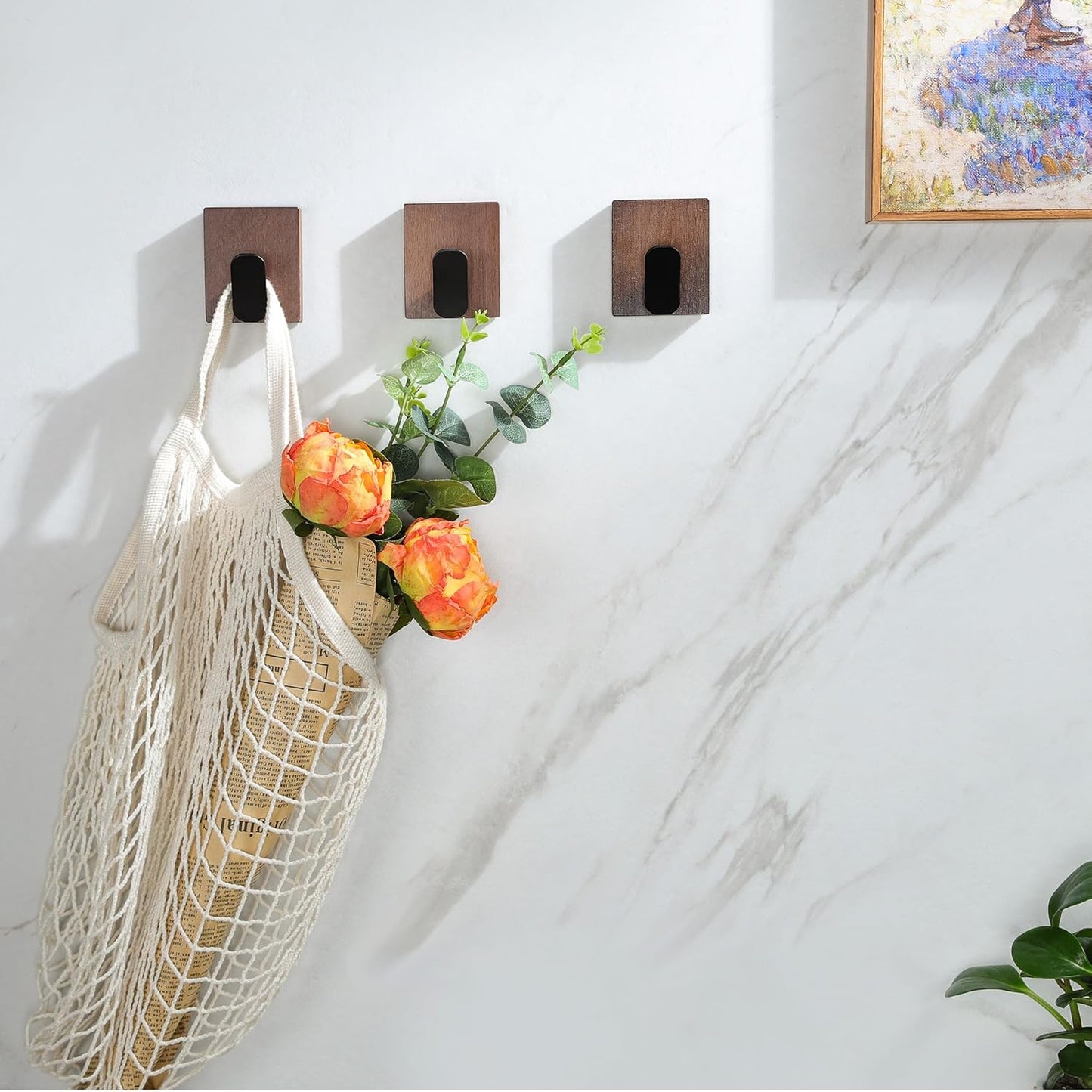 DELITON Adhesive Towel Hooks,Wall Hooks for bathrooms Without Drilling, Wood Wall Hooks for Hanging Robe, Towel, Bag Stick on Farmhouse Bathroom Bedroom Entryway 4 Packs Burned Brown