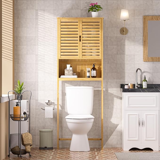 Over-The-Toilet Storage Shelf with Doors, Bathroom Freestanding Bamboo Organizer Space Saver with Adjustable Shelf, Natural