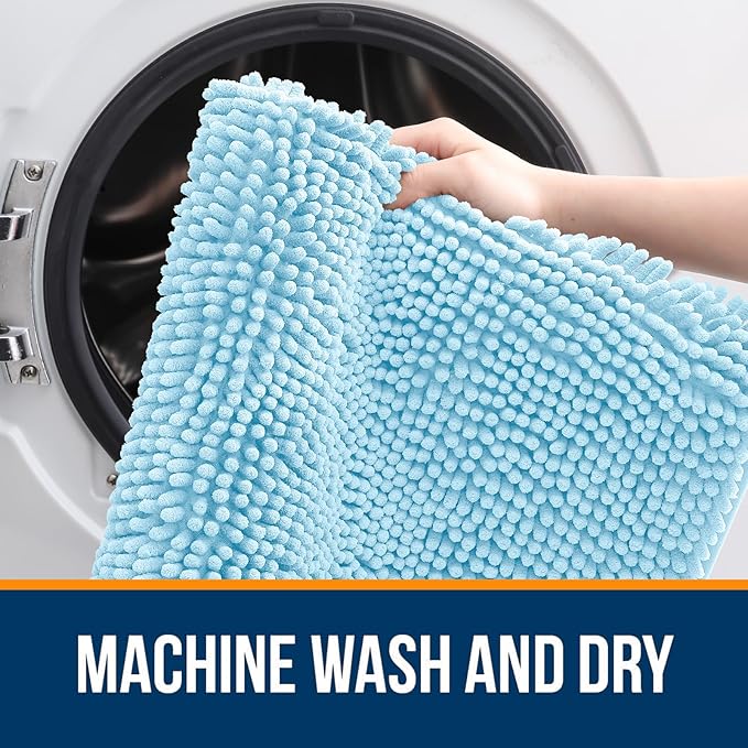 OLANLY Bathroom Rugs 44x24, Extra Soft Absorbent Chenille Bath Rugs, Rubber Backing Quick Dry, Machine Washable Bath Mats for Bathroom Floor, Tub and Shower, Home Decor Accessories, Sky Blue