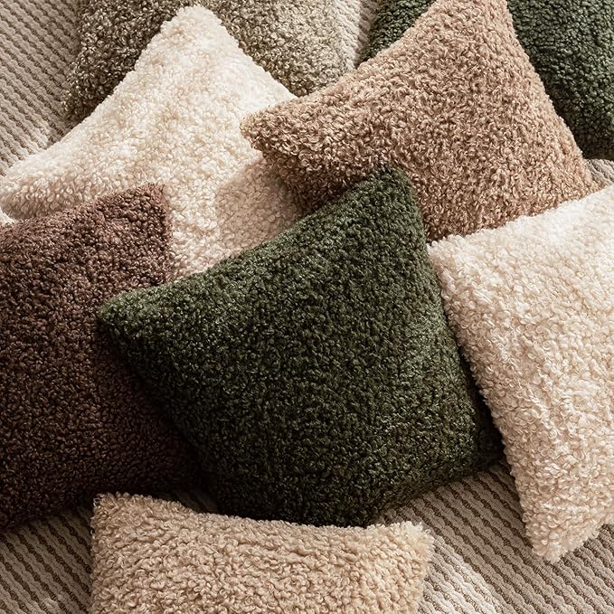 Foindtower Set of 2 Curly Teddy Wool Pillow Covers Decorative Boucle Textured Lumbar Throw Pillow Faux Fur Sherpa Pillowcases Sheepskin Fuzzy Cushion Case for Sofa Bedroom Car 12"x20" Olive Green