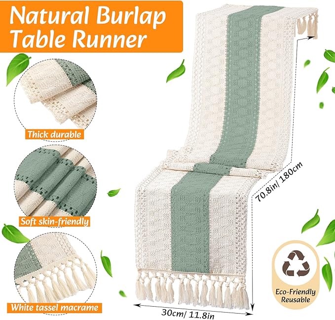 4 Sets Boho Placemats Round Woven Placemats, Cloth Napkins, Wood Bead Napkin Rings, Long Table Runner and Farmhouse Rustic Natural Burlap Cotton for Kitchen Dining Table Home (Green)