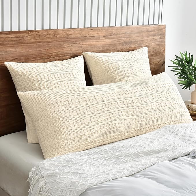 PHF Waffle Weave Body Pillowcase with Zipper, 1 Pack 100% Cotton 20" x 54" Pillow Sham, No Insert, Soft & Breathable Pillow Case, Aesthetic Woven Body Pillow Cover for Bedroom Decor, Undyed
