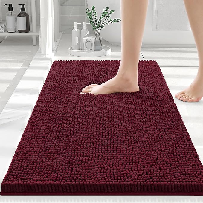 Smiry Luxury Chenille Bathroom Rugs 30x20, Extra Soft and Absorbent Shaggy Bath Mat, Machine Washable, Non-Slip Plush Carpet Runner for Tub, Shower, and Floor, Home Decor Accessories, Burgundy