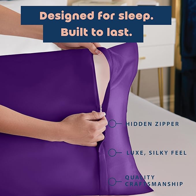 Purple Satin Pillowcase with Zipper, for Hair and Skin Care, Feels Soft and Cool Like a Silk Pillowcase, Satin Pillow Cases 2 Pack, Slik Pillow Cover, Grape/Purple, King Size - Set of 2