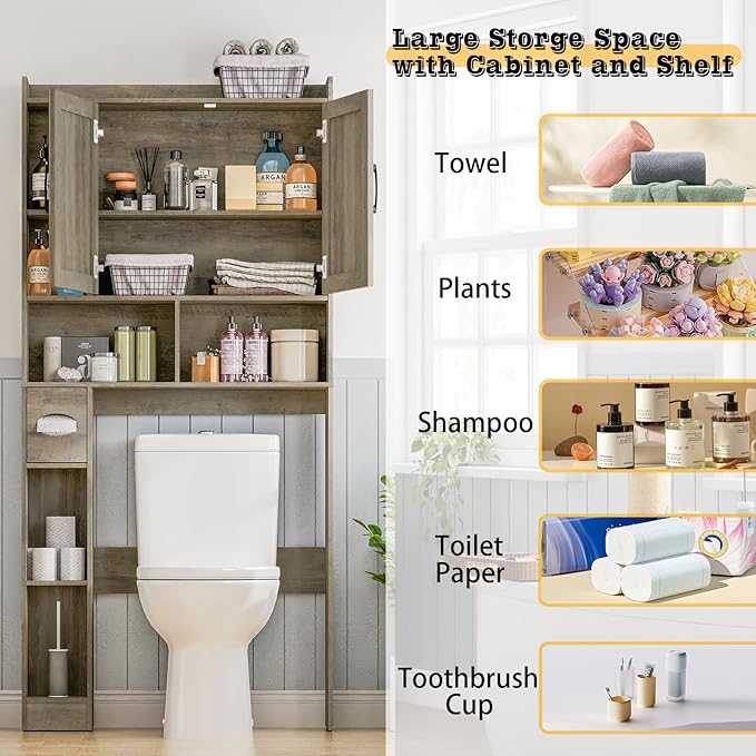 Over The Toilet Storage Cabinet, Farmhouse Storage Cabinet Over Toilet with 2 Barn Door & Toilet Paper Holder Stand, Home Space-Saving Rack, for Bathroom, Restroom (Grey).