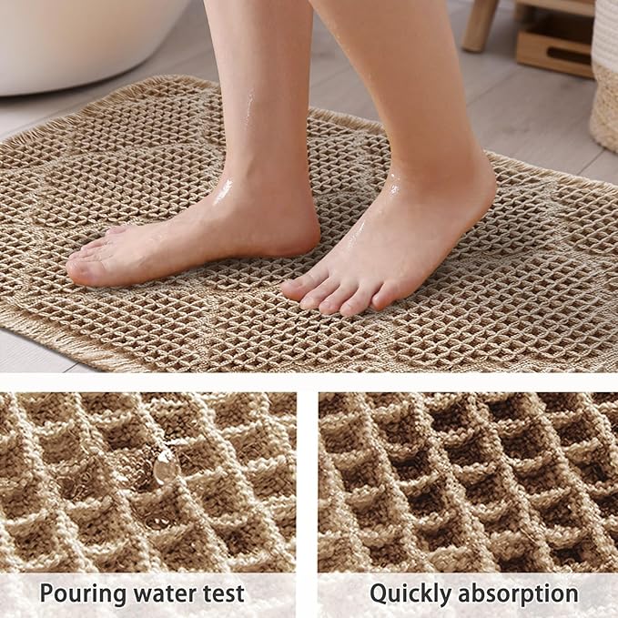 ZALL Tan Waffle Bath Mat,Super Absorbent Non Slip Bathroom Rug,Brown 18x30inch, Geometric Diamond Machine Washable Ultra Soft Floor Mats