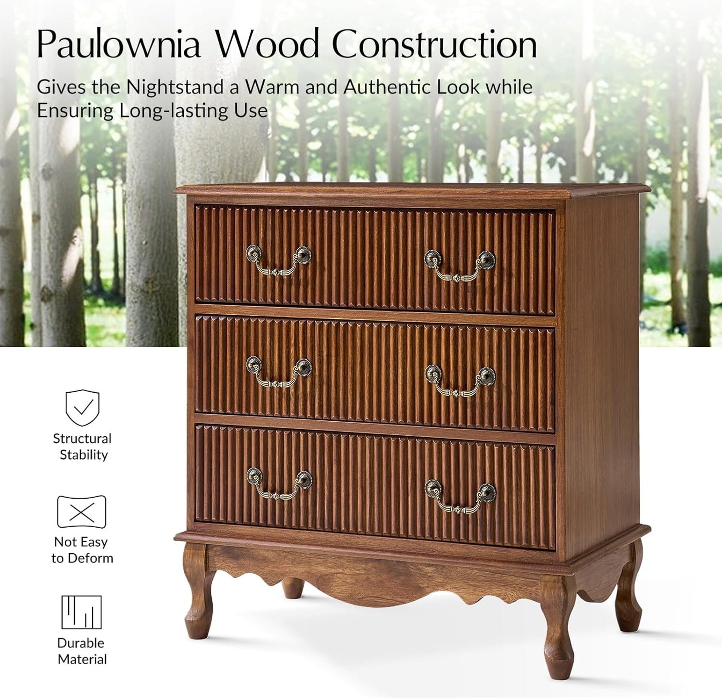 HULALA HOME Transitional Nightstand with 3 Drawers and Charging Station, 28" Solid Paulownia Wood Nightstand with Fluted Front Design, Cherry