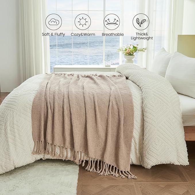 lifein Throw Blanket for Couch - Boho Throw Blanket, Knit Woven Blanket, Soft Decorative Blankets&Throws with Tassels for Bed,Sofa,Chair,Home Decor (Beige, 50 * 60, Waffle)