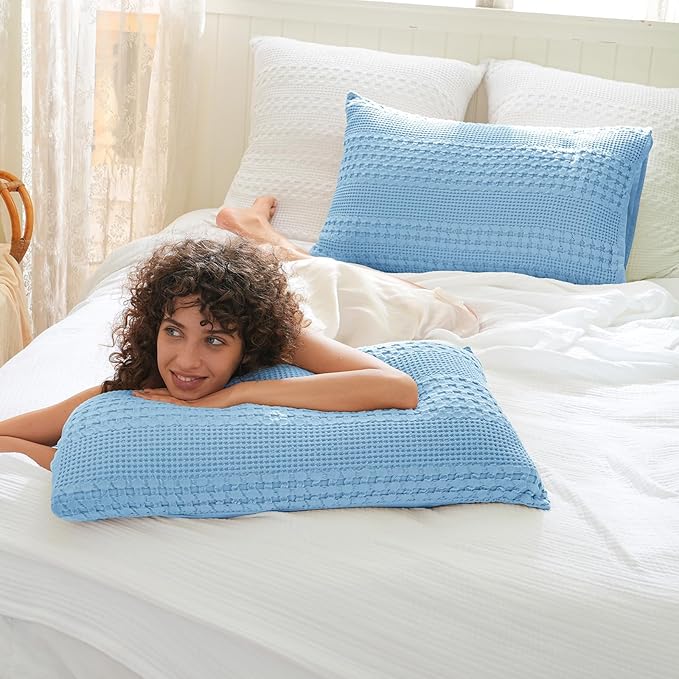 PHF Waffle Weave Pillow Shams Standard Size, 2 Pack 100% Cotton Pillowcases 20" x 26", No Insert, Soft & Breathable Aesthetic Woven Pillow Case Covers for Bedroom Decor, Sky Blue