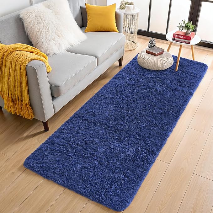 OLANLY 2x8 Machine Washable Runner Rugs for Hallway, Soft Fluffy Shaggy Bedside Rugs for Bedroom, Living Room, Indoor Floor Carpet for Kids Girls Boys, Nursery Rooms, Home Decor Aesthetic, Navy Blue