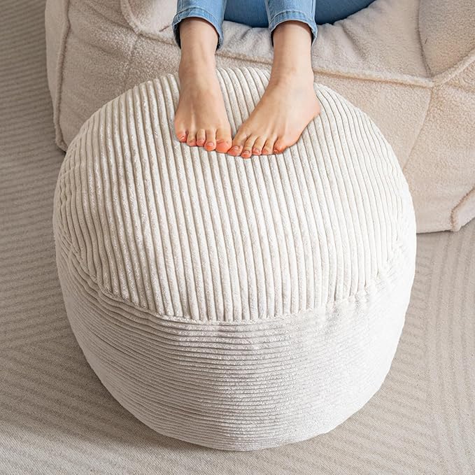 HIGOGOGO Round Stuffed Pouf Ottoman, Corduroy Poufs with Foam Chunk Filling, Corduroy Pouf Foot Stool Storage Ottoman, 26 X 18 Floor Poufs Foot Rest for Living Room, Beige