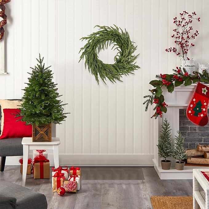 2 Pack Artificial Christmas Wreaths for Front Door, Norfolk Pine & Cedar Greenery with Red Velvet Bows, Real Touch Holiday Wreaths for Indoor Outdoor Decoration, No Assembly Needed