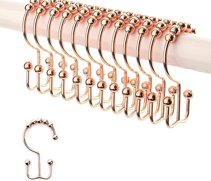 2lbDepot Copper Shower Curtain Hooks Rings, Premium Rust-Resistant Stainless Steel Metal, Double Dual Sided Hooks, Glides Effortlessly on Bathroom Shower Rods, Set of 12 Decorative Copper Hooks