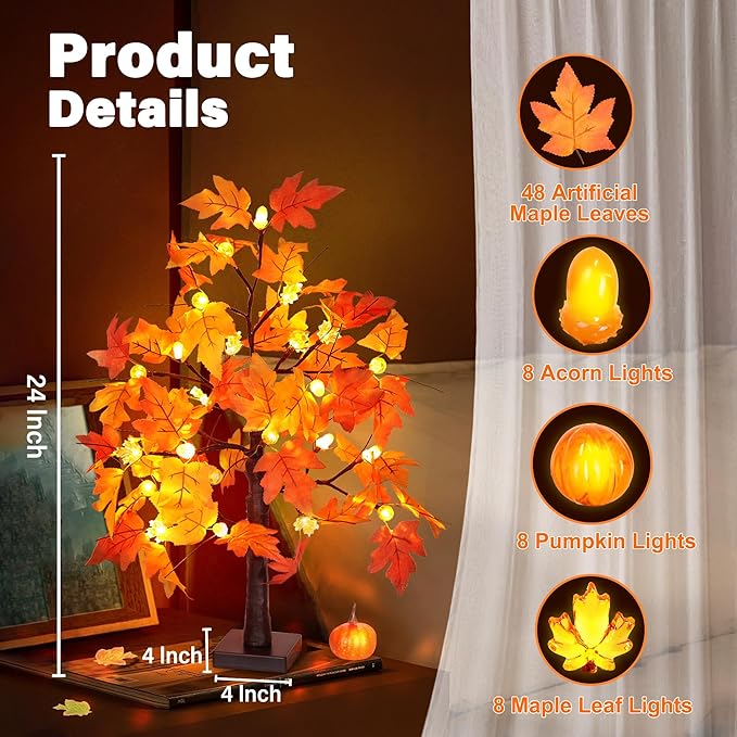 2 Pack 24 Inch Fall Maple Tree with 48LED Battery Operated Lighted Tabletop Artificial Tree with Pumpkin Acorn Maple Fall Centerpieces Indoor Fall Decorations for Home Office Thanksgiving Table Decor