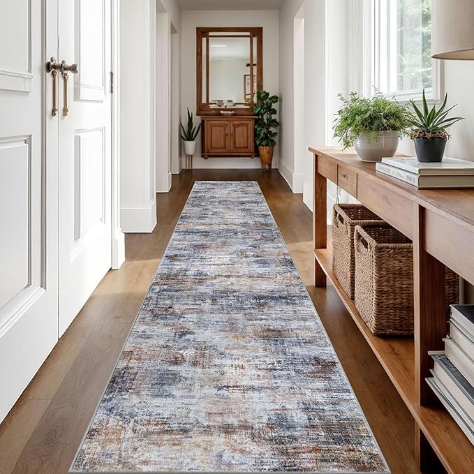 IOHOUZE Abstract Runner Rug 2x12 Ft Washable Runners for Hallways, Non Slip Kitchen Runner Printed Faux Wool Entryway Runner Indoor, Modern Abstract Floor Carpet for Hall Kitchen, Orange Grey