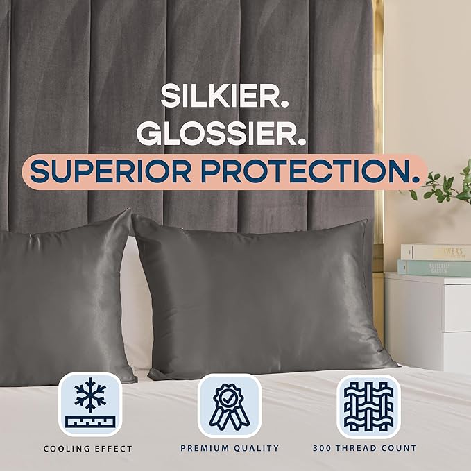 Satin Pillowcase with Zipper, for Hair and Skin Care, Feels Soft and Cool Like a Silk Pillowcase, Satin Pillow Cases 2 Pack, Slik Pillow Cover, Dark Grey - Standard Size