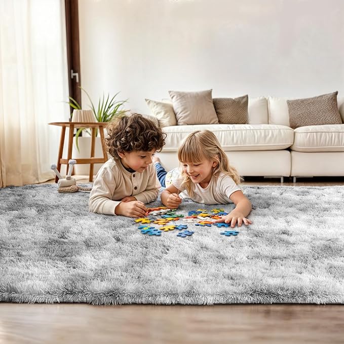 3x5 Tie Dyed Grey Small Throw Rug for Entryway Non Slip, Mini Fluffy Grey Rugs for Bedroom, Plush Furry Cozy Front Entrance Indoor Floor Carpet Home Decor Aesthetic Nursery