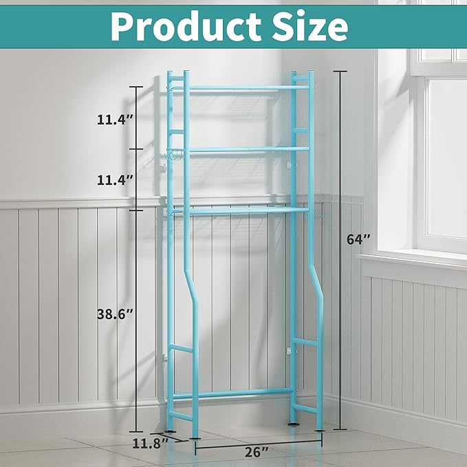 3-Tier Over The Toilet Storage with Paper Holder, Metal Bathroom Organizers and Storage for Small Space, Freestanding Bathroom Shelves with 4 Hooks, Above The Toilet Storage Shelf, Blue
