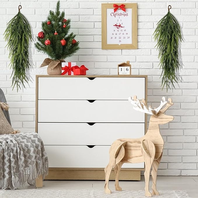 2 Pcs 30" Extra Length Artificial Christmas Teardrop Swag, Faux Pine Needles Teardrop Door Swag, Christmas Norfolk Greenery Teardrop Wreath for Xmas Door Table Mantle Fireplace Indoor Outdoor Decor