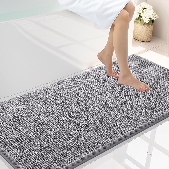 Smiry Luxury Chenille Bathroom Rugs 40x24, Extra Soft and Absorbent Shaggy Bath Mat, Machine Washable, Non-Slip Plush Carpet Runner for Tub, Shower, and Floor, Home Decor Accessories, Grey