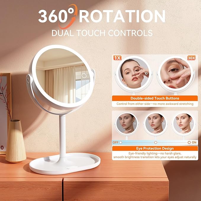 Makeup Mirror with Lights, Double Sided 30X/1X Magnifying Mirror with Light, 3 Color Stepless Dimmable with Touch Screen, Rechargeable 360ยฐ Free Standing Vanity Mirrors for Bathroom, Bedroom