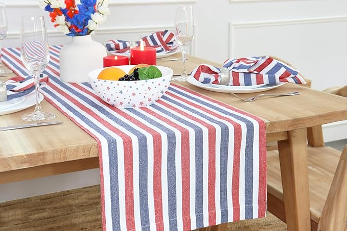PurpleEssences 4th of July Striped Table Runner 90 inches Long Stripe Runner 14 x 90 Inch 100% Cotton - Durable Washable Fabric - Labor Day - Red Blue White