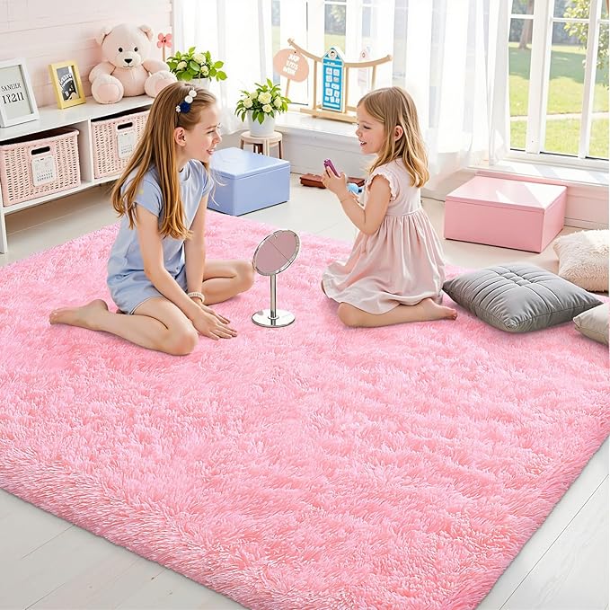 OLANLY Area Rugs for Living Room Bedroom, Machine Washable 4x5.9 ft Soft Fluffy Shaggy Bedside Rug, Indoor Floor Carpet for Kids Girls and Boys, Dorms, Nursery Rooms, Home Decor Aesthetic, Pink