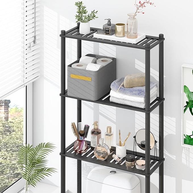 Over the Toilet Storage Cabinet Above Toilet Bathroom Organizer with Toilet Paper Holder Stand Bath Organizer with Adjustable Shelves & Acrylic Doors,Anti-Tip Device (Black, 3 Tiers)