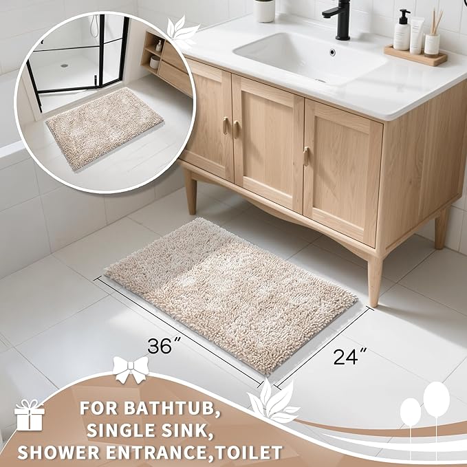Yimobra Large Bathroom Rug Non Slip 36x24 Inch, Extra Thick Soft Absorbent Chenille Bath Mat, Machine Washable Quick Dry Bath Rugs for Bathroom Floor, Tub and Shower, Home Decor Accessories, Khaki