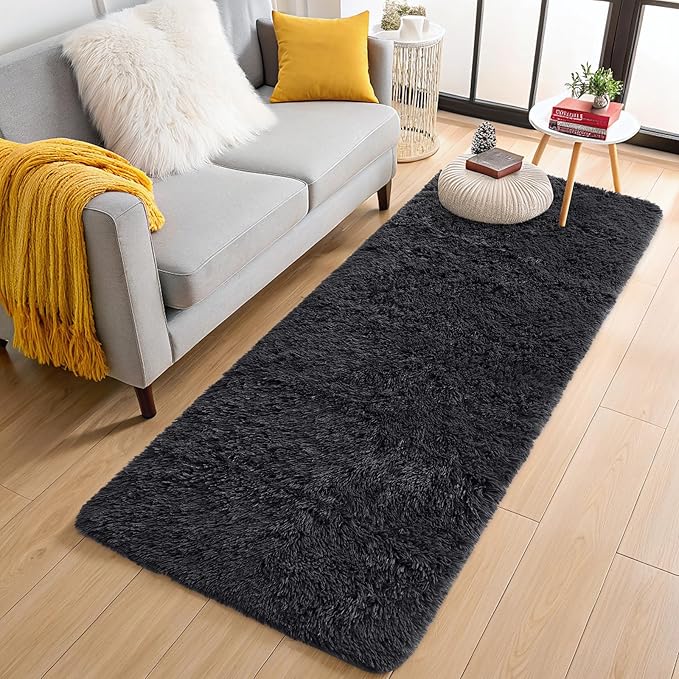 OLANLY 2x6 Machine Washable Runner Rugs for Hallway, Soft Fluffy Shaggy Bedside Rugs for Bedroom, Living Room, Indoor Floor Carpet for Kids Girls and Boys, Nursery Rooms, Home Decor Aesthetic, Black