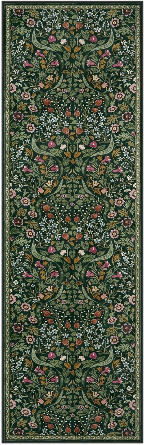 Lahome Floral Kitchen Runner Rug, 2.6x8 Green Non Slip Hallway Runner Rug, Soft Thin Stain Resistant Long Carpet for Laundry, Washable Boho Carpets for Bathroom Entryway