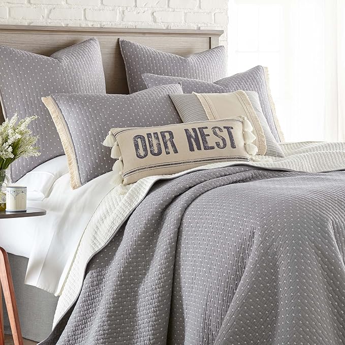 Levtex Home Cross Stitch Reversible Twin XL/Twin Quilt Set (68x86in) with 1 Pillow Sham (26x20in) - Stitch Texture - Grey and White - Cotton Twin Size Quilt Bedding Set - Lightweight Soft Pre-Washed