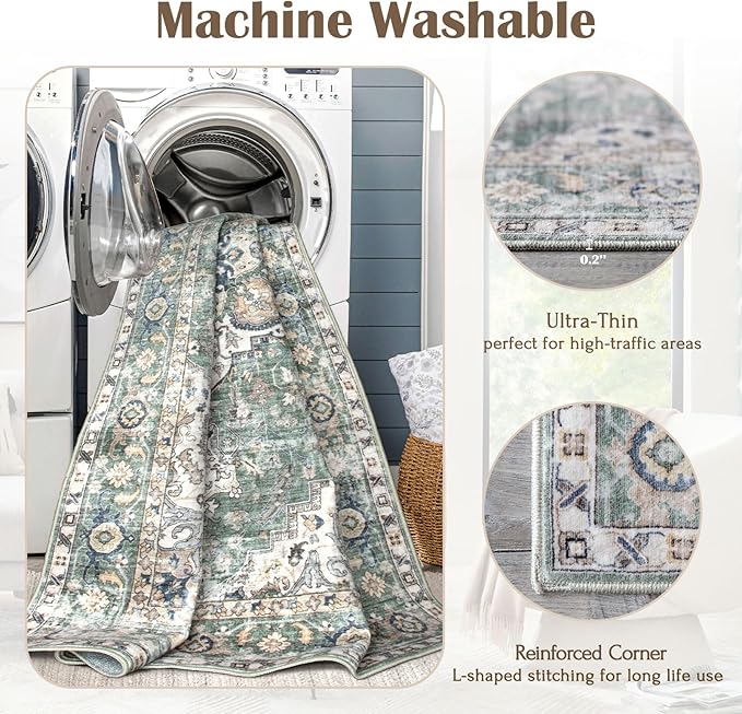 Washable Hallway Runner Rug 2.5x12ft - Long Non-Slip Sage Green Boho Runner Rug Low Pile Stain Resistant Soft Vintage Oriental Runners for Hallways Kitchen Living Room Indoor Entryway Bedroom
