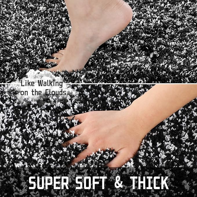 Yimobra Toilet Rugs U Shaped Washable 24x20, Ultra Soft and Water Absorbent Bath Mats, Non Slip Fluffy Shaggy Luxury Microfiber Contour Bath Rugs for Toilet, Dry Quick, Black and White