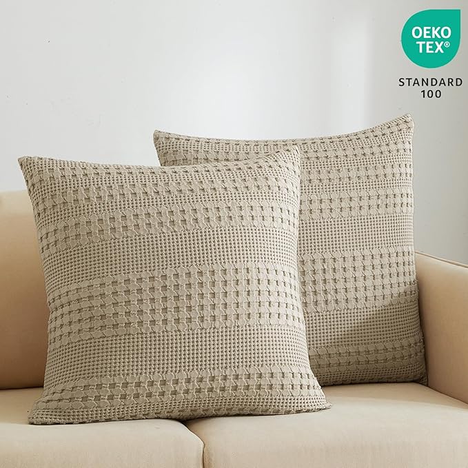 PHF Waffle Weave Euro Pillow Shams, 2 Pack 100% Cotton Pillow Covers 26x26 Inches for Decor, No Insert, Luxury Aesthetic Euro Pillow Cases for Bedroom Decor, Khaki