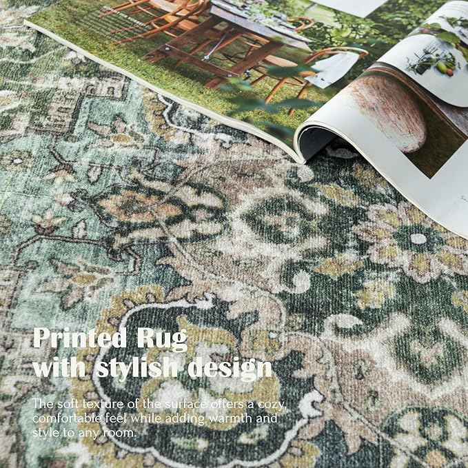 3x5 Washable Area Rug - Small Entryway Rug Non-Slip Moss Green Vintage Oriental Kitchen Rugs Low Pile Boho Carpet Throw Rugs for Living Room Bedroom Bathroom Entrance Dorm Office Home Decor