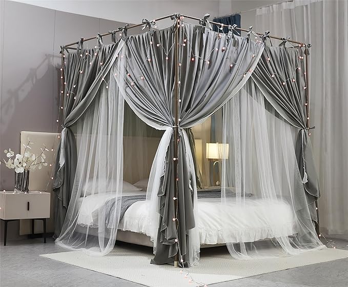 4 Corners Post Princess Curtain Bed Canopy Double Layer Cozy Mosquito Net Mesh and Cloth for Girls Adults Bedroom Decoration (Double-Grey/White, 59" W*82" L*82"*H/(Queen))
