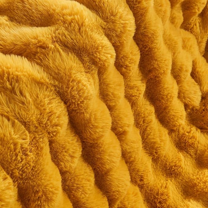 Lotus Karen Faux Fur Throw Blanket Ginger Yellow - Big Bubble Rabbit Fluff Blanket for Couch Bed Sofa,Softest Fluffy Fuzzy Cozy Blanket,Thick Furry Plush Shaggy Warm Blankets for Women,108x90 Inches