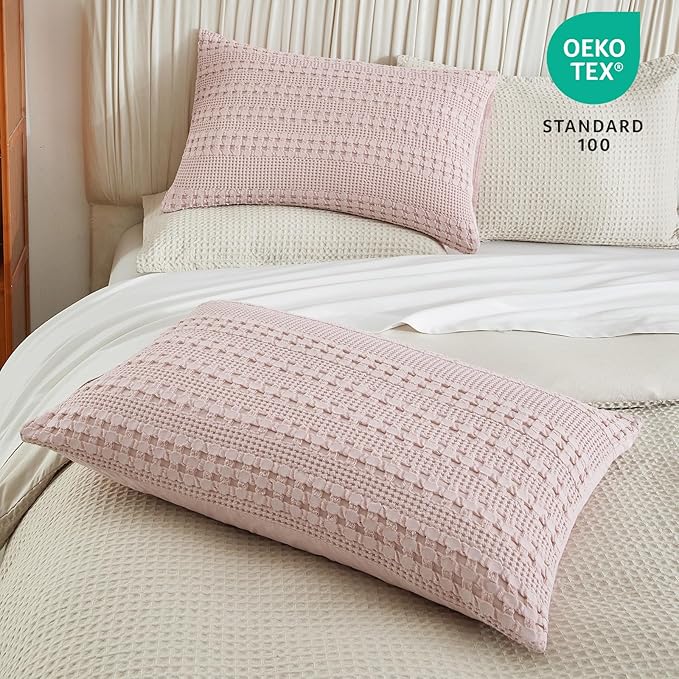 PHF 100% Cotton Waffle Pillow Shams Queen Size, 2 Pack 20" x 30" Soft Skin-Friendly Pillowcases, No Filling, Aesthetic Woven and Breathable Waffle Weave Pillow Case Covers for Bed, Pink