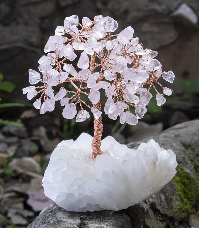 Rose Quartz Crystal Tree of Life Handmade Gemstone Tree, Chakra Tree of Life, White Aura Base, Money Tree, Artificial Tree, Feng Shui Tree, Crystal Decorations, Pink Healing Crystals, Spiritual Gift