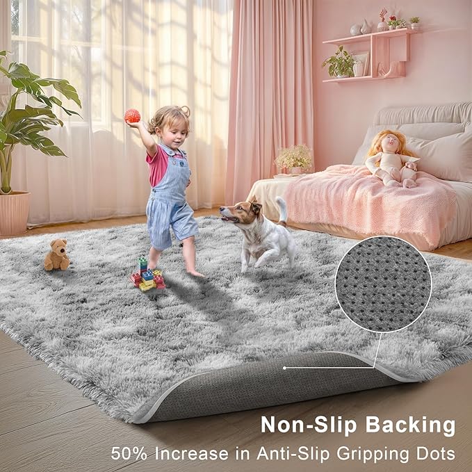 Tie Dyed Grey Fluffy 9x12 Area Rug for Living Room, Plush Shag Rugs for Bedroom, Large Soft Furry Carpets for Kids Room, Modern Indoor Nursery Carpet for Classroom Dorm Cozy Comfy Home Decor