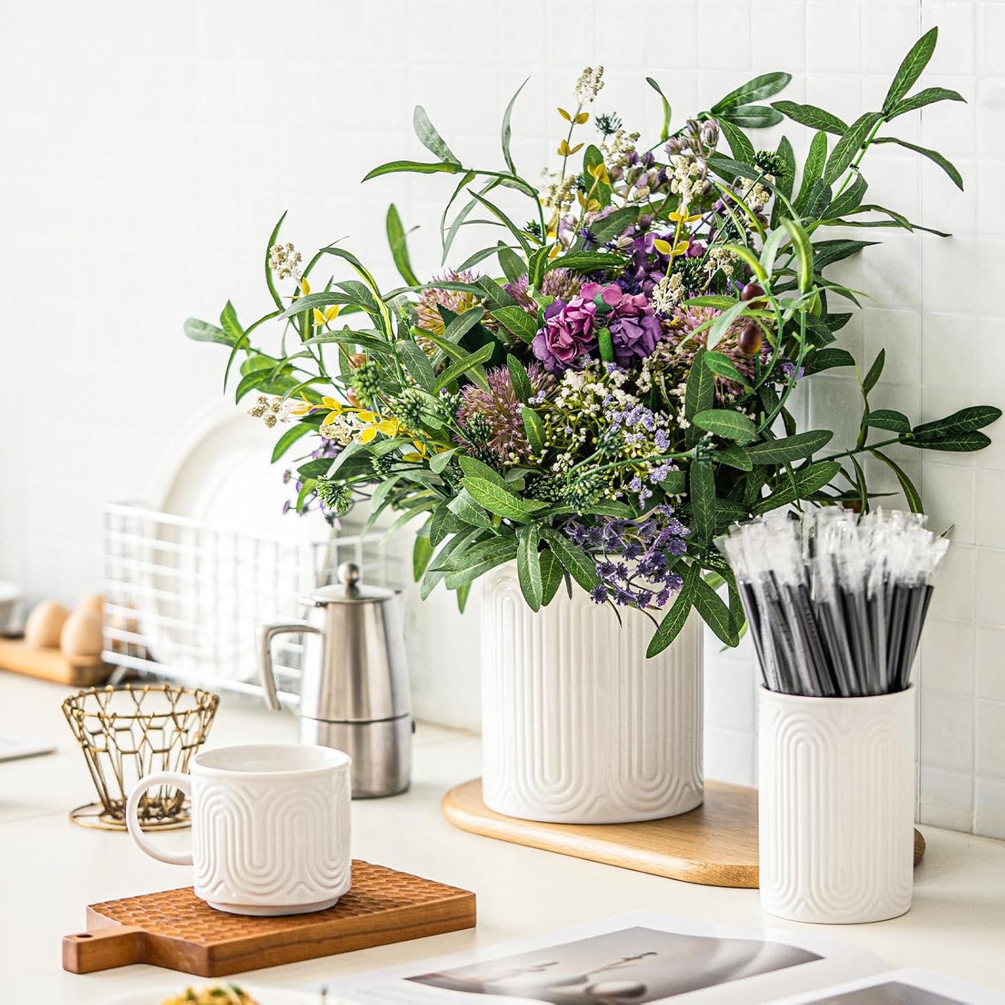 INSETLAN Ceramic Utensil Holder Set – 7.1" & 5.4" Kitchen Utensil Organizers for Countertop, Arch-Design Utensil Crocks for Farmhouse Decor & Kitchen Counter, Perfect Housewarming Gift