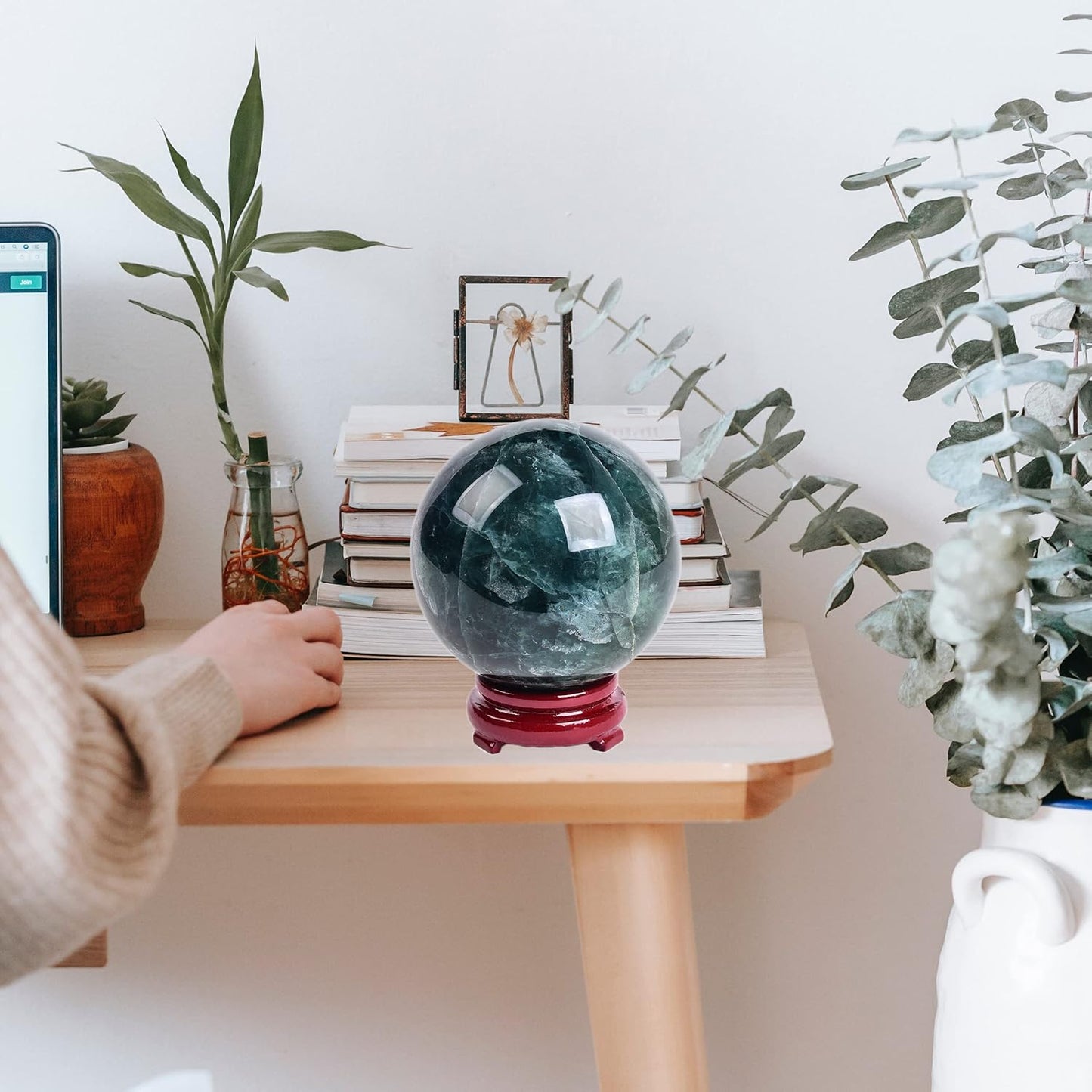 JIC Gem Large Healing Crystal Ball - Green Fluorite Sphere with Stand - Home Decoration (110-120mm)